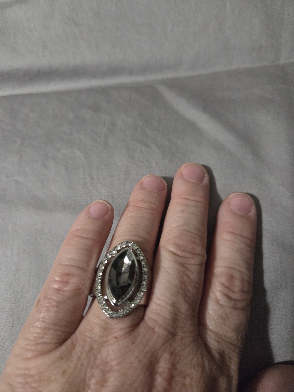 Silver-Tone Marquise Smoky Crystal Ring with Clear Halo
